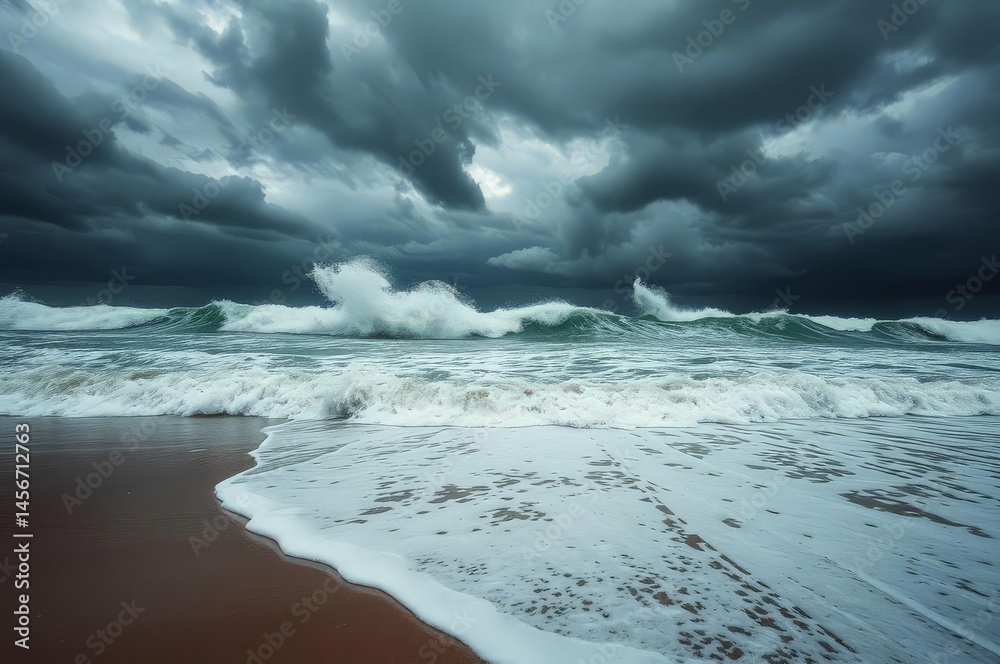 Stormy Beach with Turbulent Waves