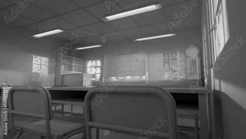 Abandoned classroom with a blackboard and a clock. The room is dark and empty. Premium photo 3d render