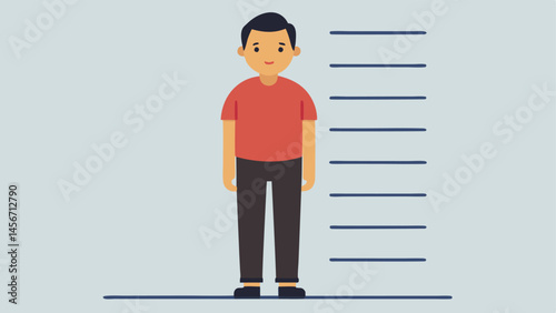 FullBody Profile A fullbody illustration of a suspect with a neutral expression standing against a vertical height chart marked in centimeters.