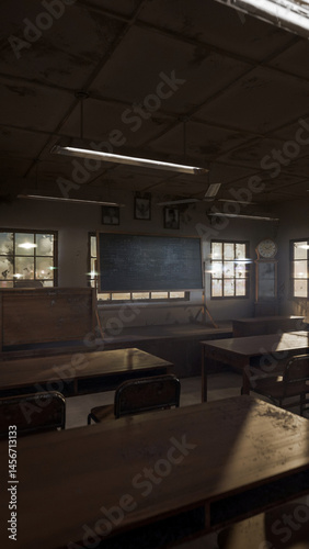 Abandoned classroom with a blackboard and a clock. The room is dark and empty. Premium photo 3d render