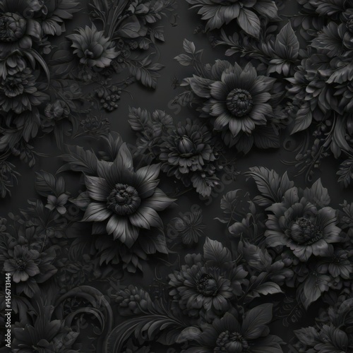 Deep black charcoal floral wallpaper  Intricate design, elegant decorations , stylish, dramatic, black and white