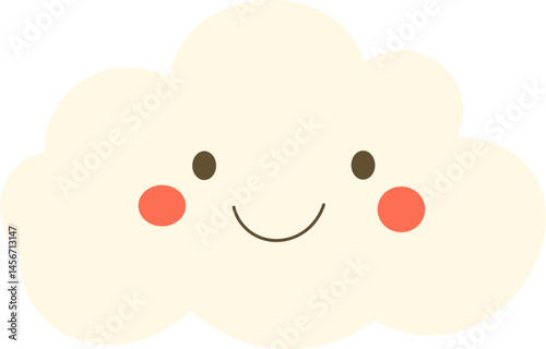 Smiling cloud cartoon character with rosy cheeks, big eyes, and a cute smile. The cartoon is friendly and inviting.