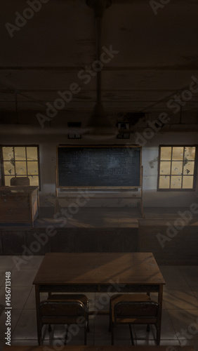 Abandoned classroom with a blackboard and a clock. The room is dark and empty. Premium photo 3d render