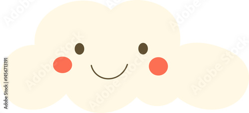 A cheerful cartoon cloud with rosy cheeks, round eyes, and a simple smile evokes a sense of happiness and whimsy. Simple and fun.