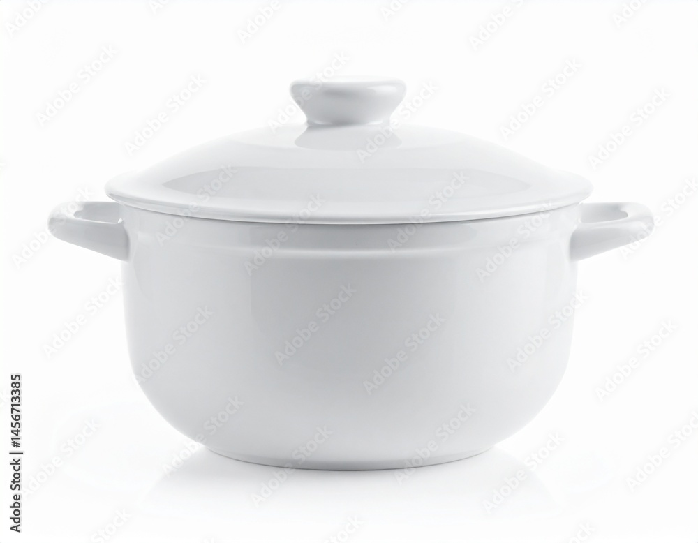 A small, white ceramic pot with a lid and two handles. The pot sits on a white surface, isolated for display
