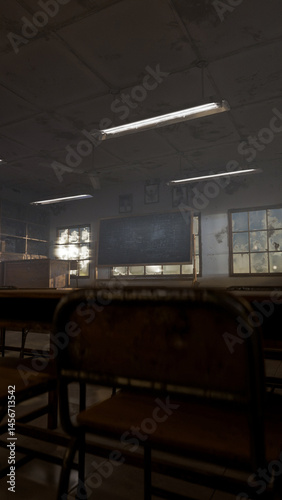 Abandoned classroom with a blackboard and a clock. The room is dark and empty. Premium photo 3d render