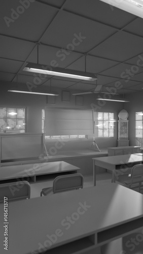 Abandoned classroom with a blackboard and a clock. The room is dark and empty. Premium photo 3d render
