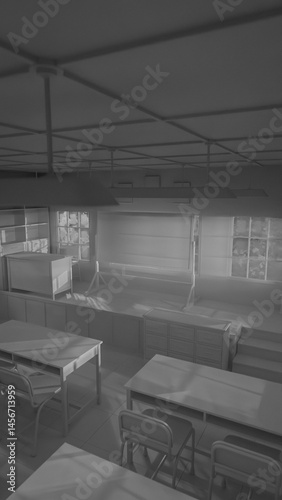 Abandoned classroom with a blackboard and a clock. The room is dark and empty. Premium photo 3d render