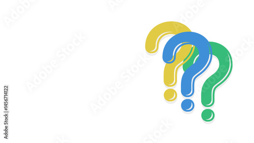 Three overlapping question marks in blue, green, and yellow are grouped on the right side of a white background