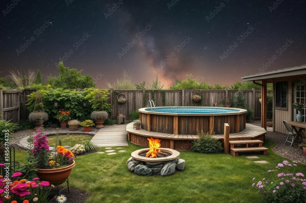 Rustic Garden with Pool and Fire Pit