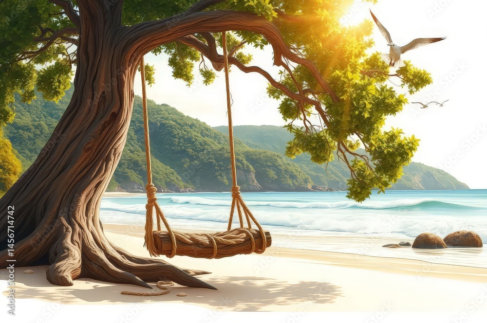 Tranquil Beach Swing at Sunset