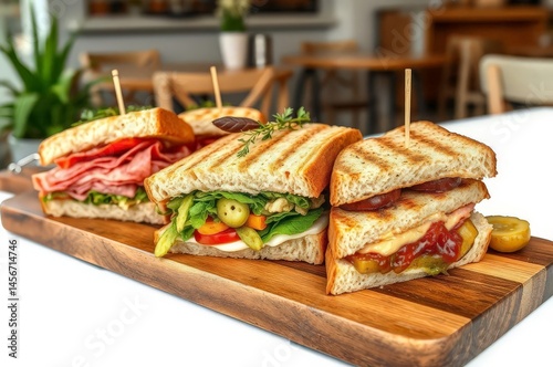 Obraz na płótnie Artisanal Sandwiches on Rustic Board w salonie