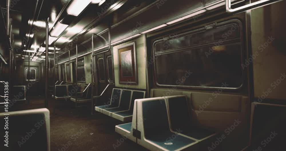 An empty subway car showcases sleek seating and dim lighting. The walls feature an abstract piece of art, adding a touch of culture to the quiet environment during evening commuting hours.