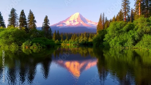 A scenic view of mount hood reflecting in a calm lake surrounded by lush trees