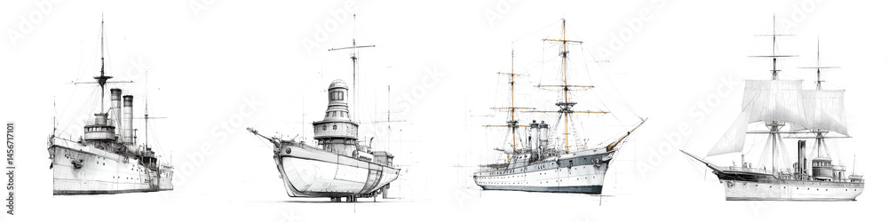 Obraz premium Collection of vintage naval military ship