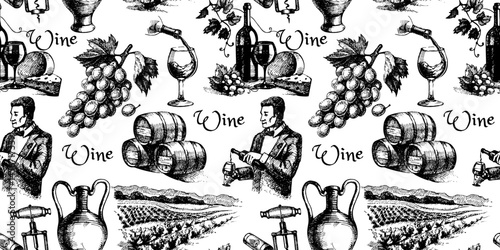 Hand drawn vintage wine seamless pattern. Vector sketch illustration. Not AI generation