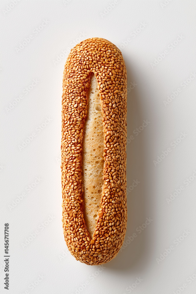 Fototapeta premium Italian loaf coated with sesame seeds sits on clean white surface highlighting its texture and detail. This minimalist presentation enhances culinary appeal