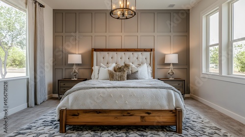 Interior bedroom scene with warm color palette and wood accents.