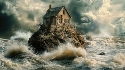 The Wise and Foolish Builders: One house standing firm on a rock, while another collapses on shifting sand as stormy waves crash around them.
