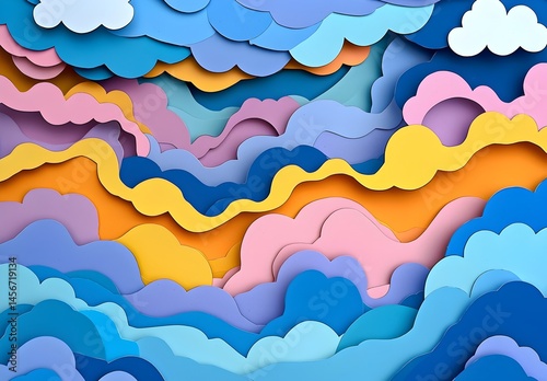 Photo of whimsical paper clouds in bright colors, evoking creativity and playfulness with layered cutouts
