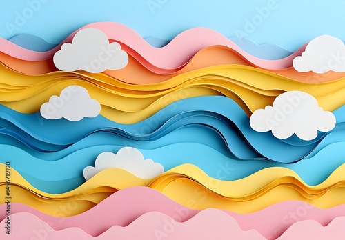 Photo of whimsical paper clouds in bright colors, evoking creativity and playfulness with layered cutouts