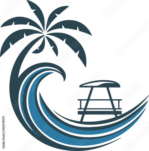 palm tree vector, lifeguard chair, beach lifeguard chair, palm tree with wave, tropical tree illustration, beach scene, lifeguard tower