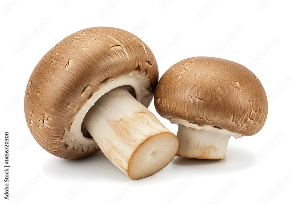Fototapeta premium Two brown cap mushrooms with white stems isolated on a white background in a studio setting view