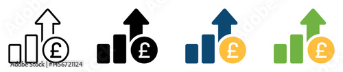 Pound sterling currency growth icon set in four styles. Pound sterling currency with a bar chart and upward arrow. Outline, solid black, blue, green and yellow. Financial growth. Vector illustration.