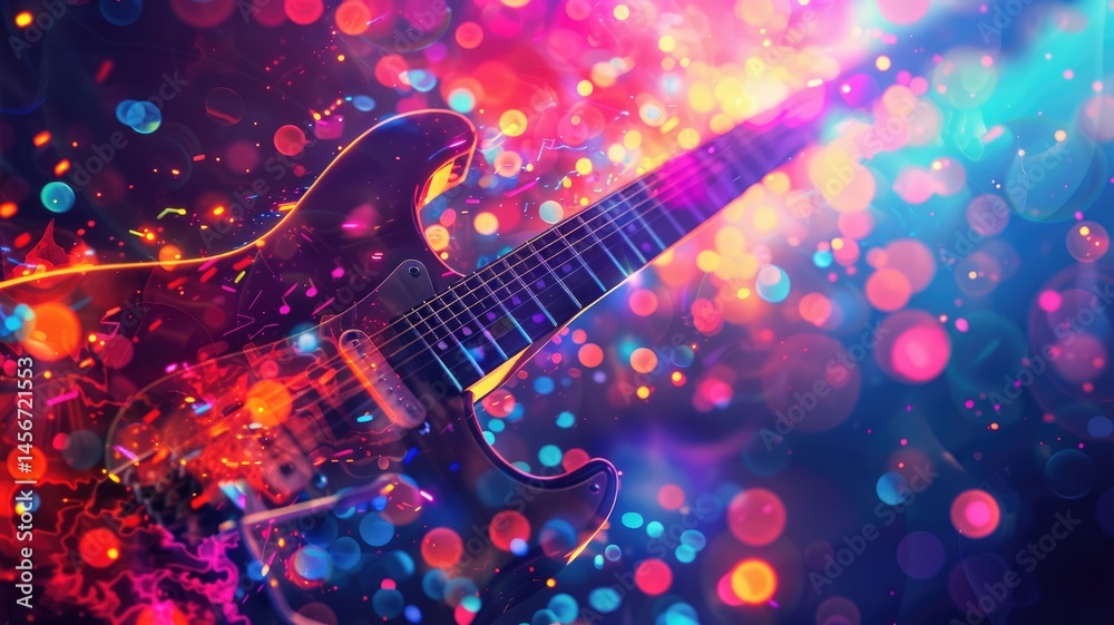 Naklejka premium Abstract colorful and fantasy scene filled with musical festival. Vibrant color with vividness tone under a bright particle evoking a playful and joyful atmosphere of surreal beat and music. AIG53.