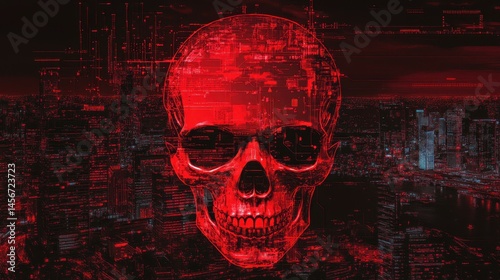 A giant red skull symbolizing a global cyber attack on digital infrastructure.