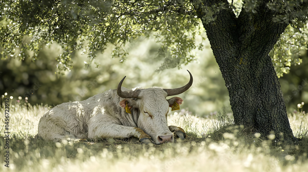 Fototapeta premium Peaceful white cow resting under a shady tree. A serene scene of a cow dozing in a grassy field, shaded by a large tree's canopy. Soft light bathes the tranquil landscape
