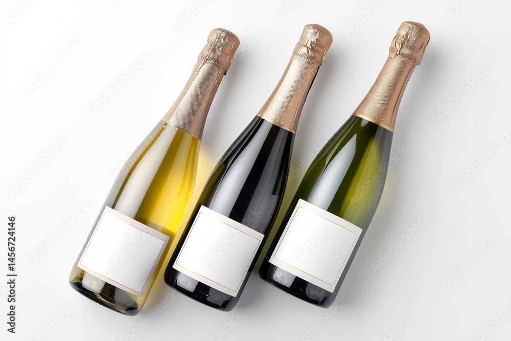 Fototapeta premium Sparkling wine bottles with blank labels on a clean white backdrop
