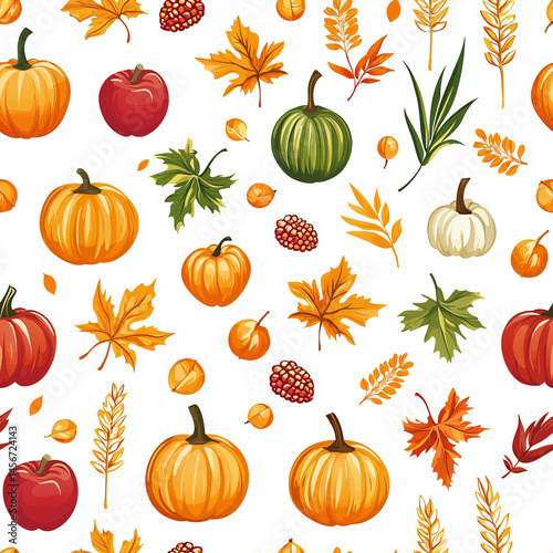 Autumn Harvest Icons Seamless Vector Pattern on White Background