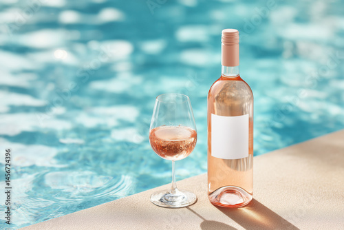 Rose wine bottle with a blank label with a filled glass placed poolside
