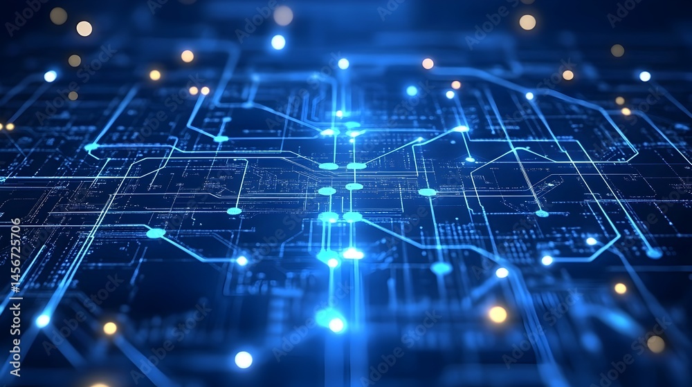 Obraz premium Abstract glowing circuit board technology background with nodes and connections illustrating digital network infrastructure.