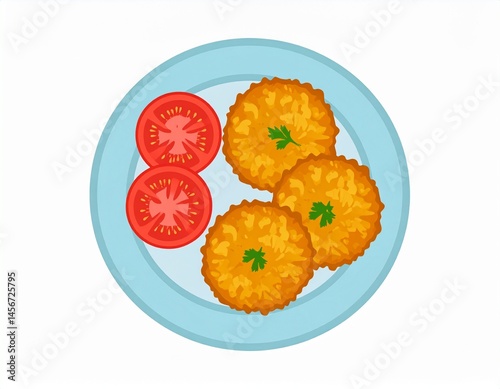 Cartoon image of food, featuring three fried patties and sliced tomatoes on a blue plate, with green garnish