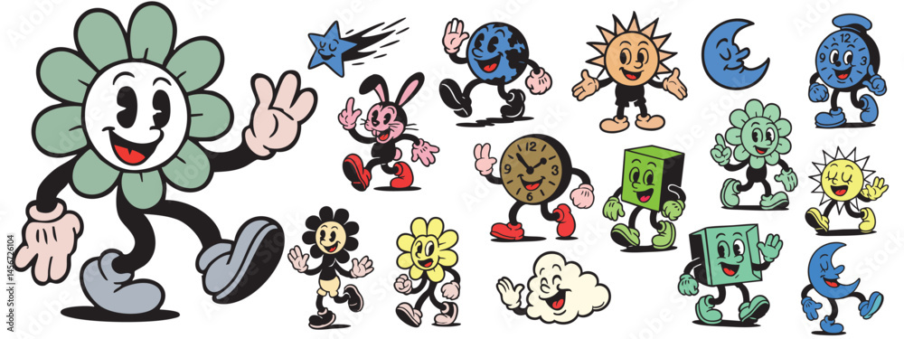 Obraz premium Retro Cartoon Earth and Characters Walking – Vintage Style Mascots
