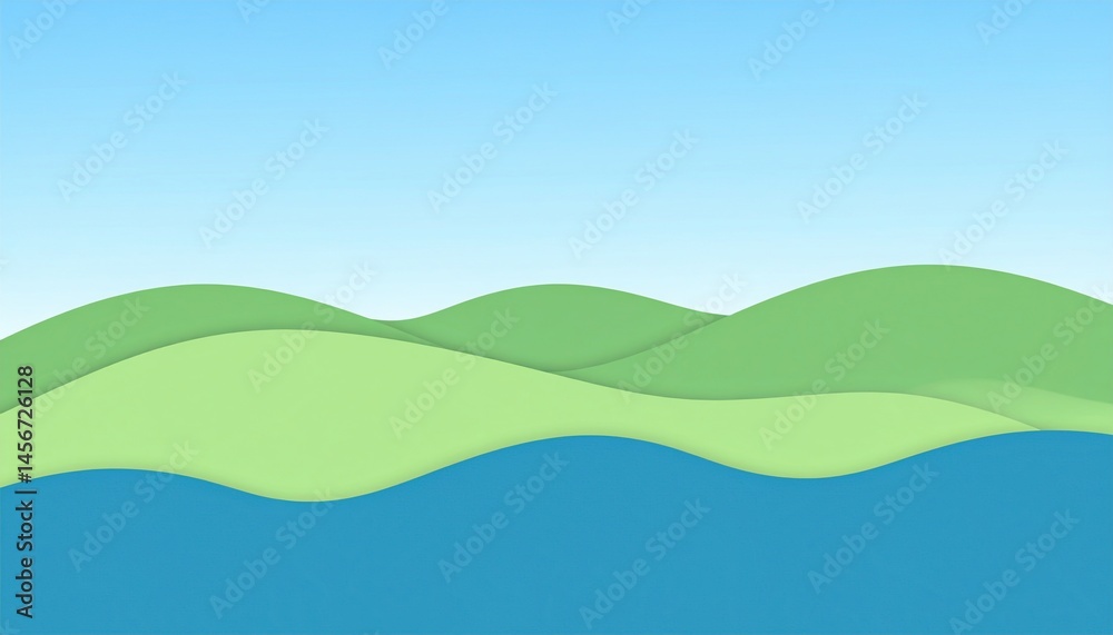 Obraz premium Flowing green hills and calm blue waters nature landscape illustration vibrant environment serene viewpoint