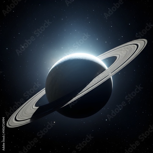 Dark space dominated by large ringed planet casting shadow with distant stars dramatic lighting