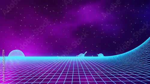 Outer space in with purple nebulae glowing grid lines distant wireframe planets and subtle stars