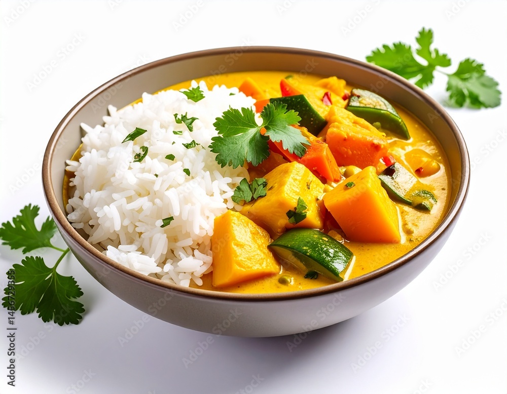 A vibrant bowl of curry with white rice, chunks of squash, zucchini, garnished with cilantro