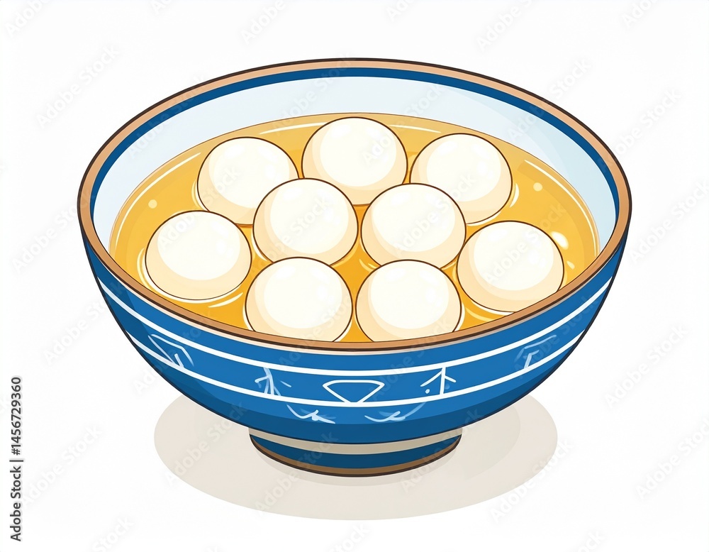 A bowl with savory, floating, white, soft balls. Soup in a blue bowl, with a delicious, flavorful, clear, golden broth
