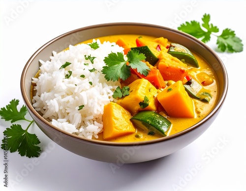 Obraz na płótnie A vibrant bowl of curry with white rice, chunks of squash, zucchini, garnished with cilantro w salonie