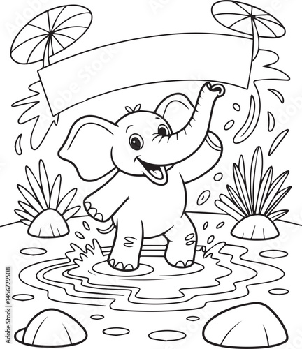 Cute elephant dancing in the forest black line art vector illustration for coloring page or book design