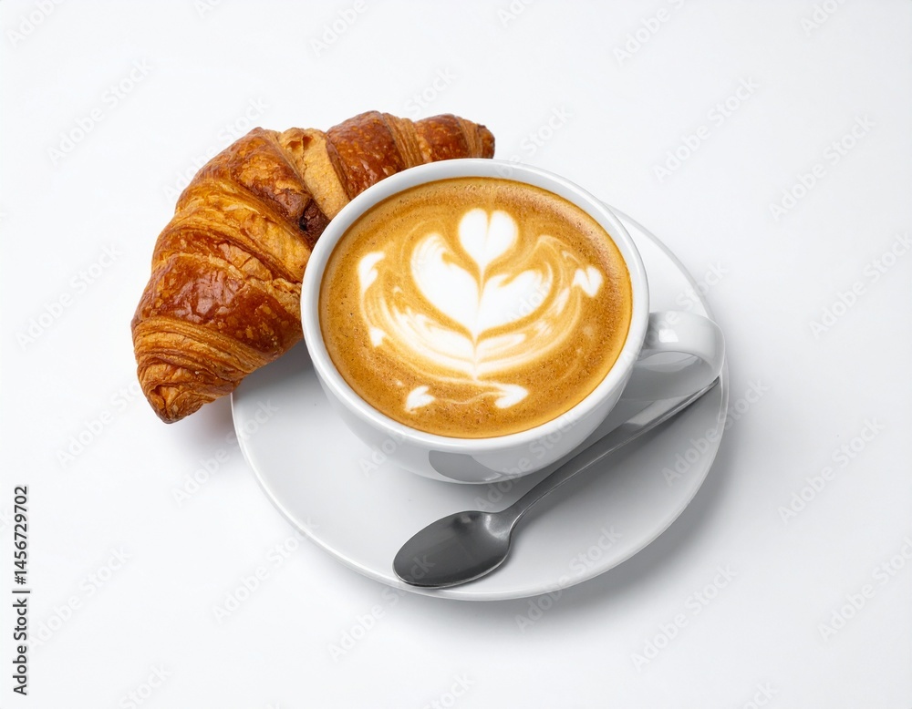 A fresh croissant sits beside a cup of latte with artful foam design on a white saucer, with a spoon