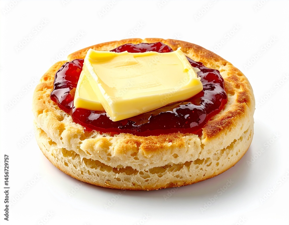 A toasted English muffin topped with red jam and a couple of yellow butter pats on a white background