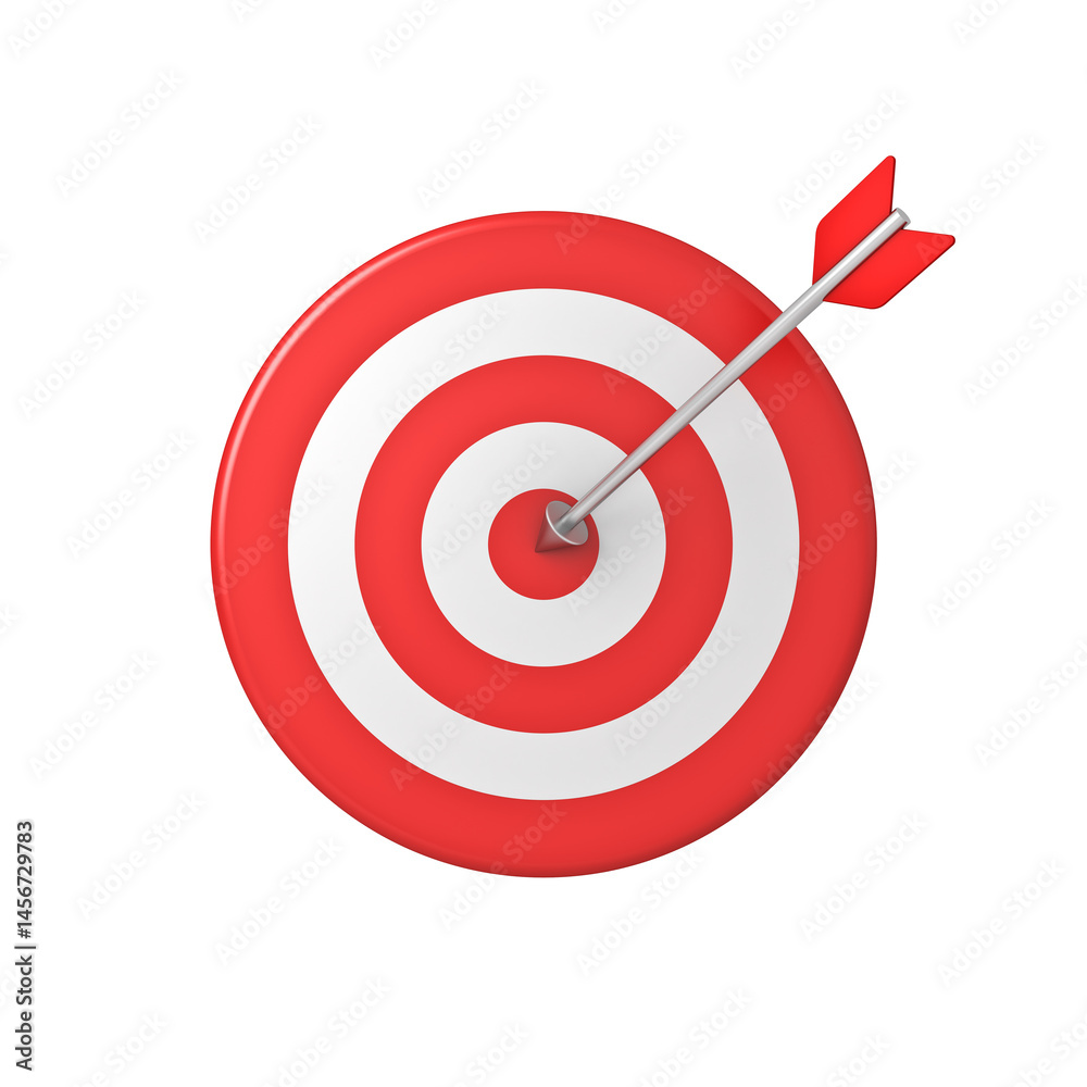 Red metal arrow hitting to the center of goal target dartboard isolated on white background the business creative idea concepts 3D rendering Red metal arrow hitting to the center of goal target dartboard isolated on white background the business creative idea concepts 3D rendering