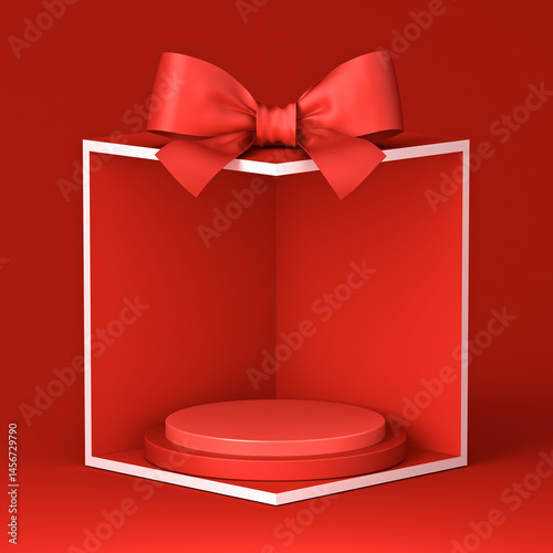 Blank red round podium pedestals in exhibition booth gift box corner product display mockup showcase stand with red ribbon bow isolated on dark red background creative conceptual idea 3D rendering