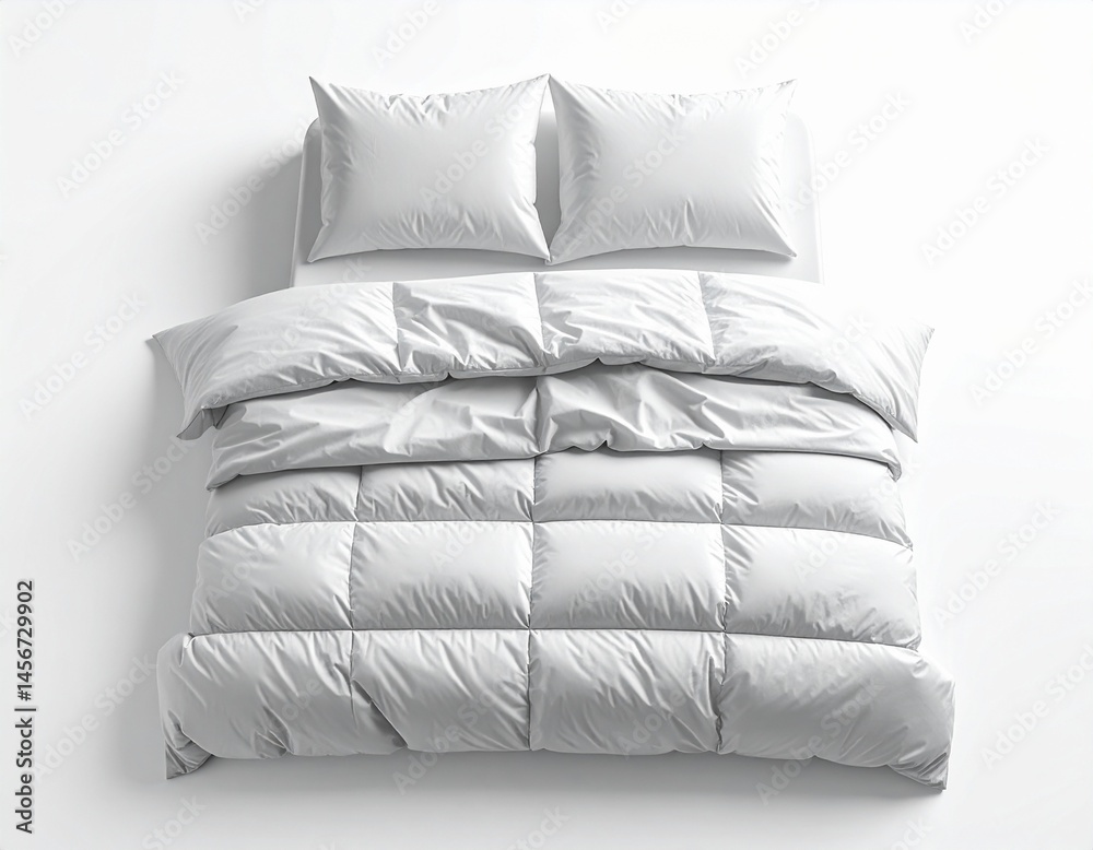 A top-down view reveals a pristine white bed setup. It features two square pillows, a folded duvet, showcasing a minimalist aesthetic and offering a sense of comfort
