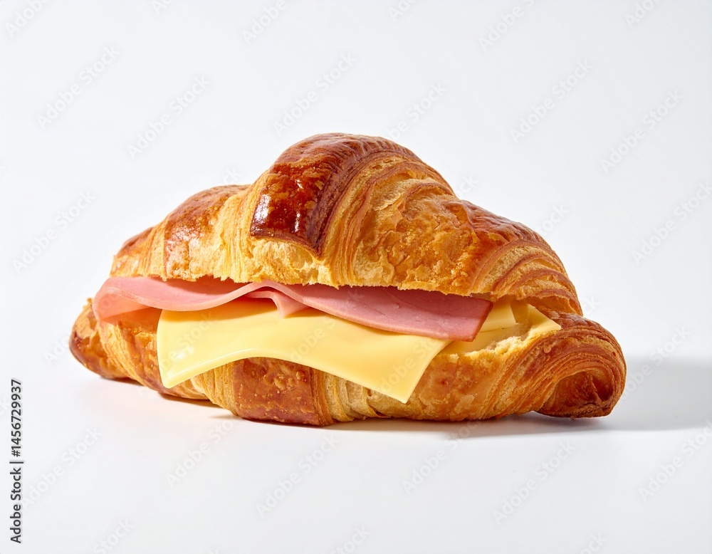 Flaky croissant sandwich. The baked bread is golden, with sliced ham and cheese layers. Perfect for a quick lunch
